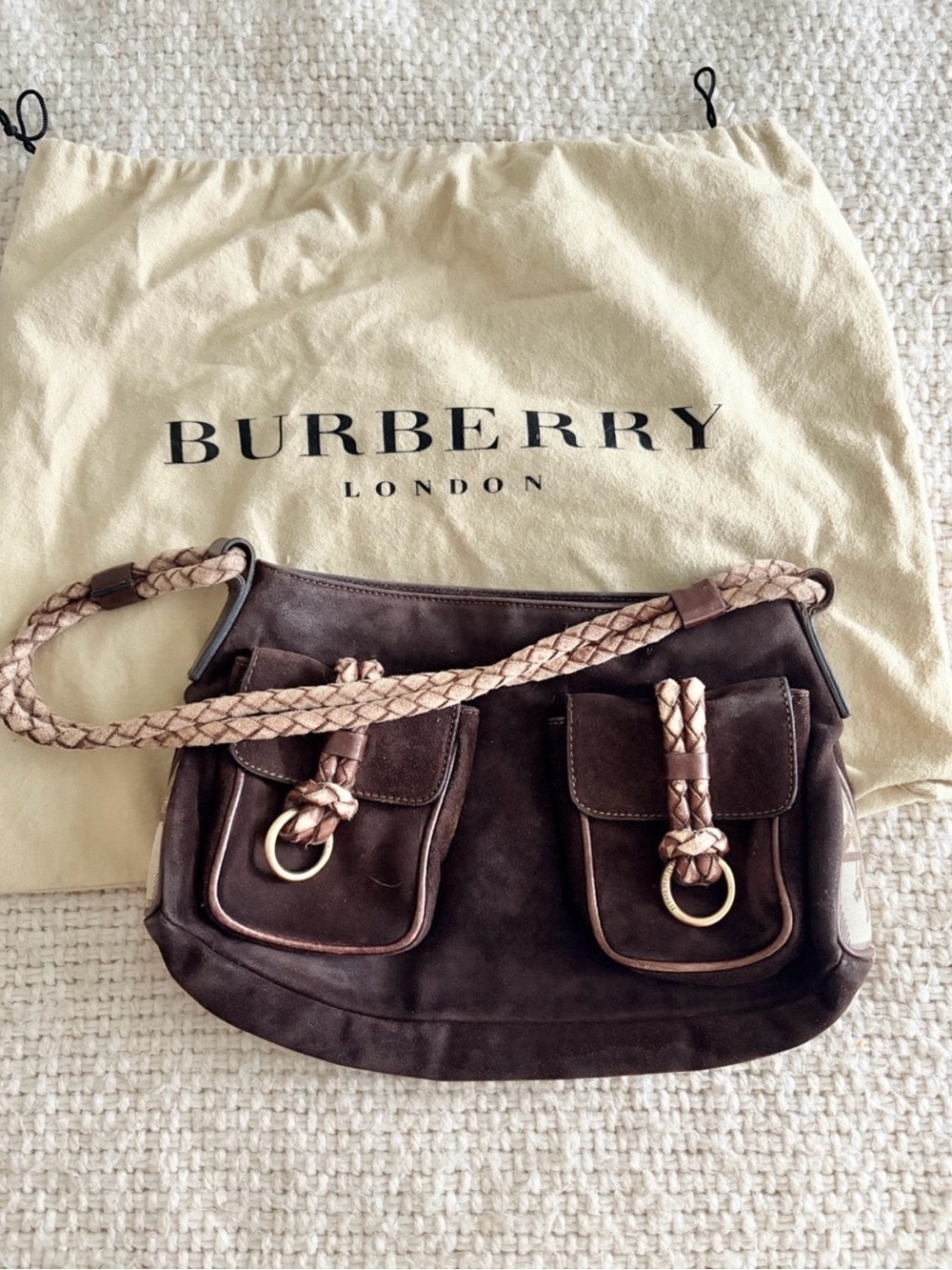 Burberry Brown Suede Shoulder Bag with Tan Braided Strap